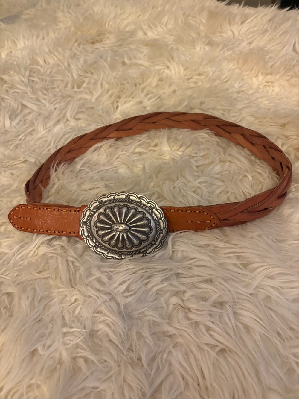 Ralph Lauren Concho Belt Brown Leather Braided Native Western M Silver Buckle